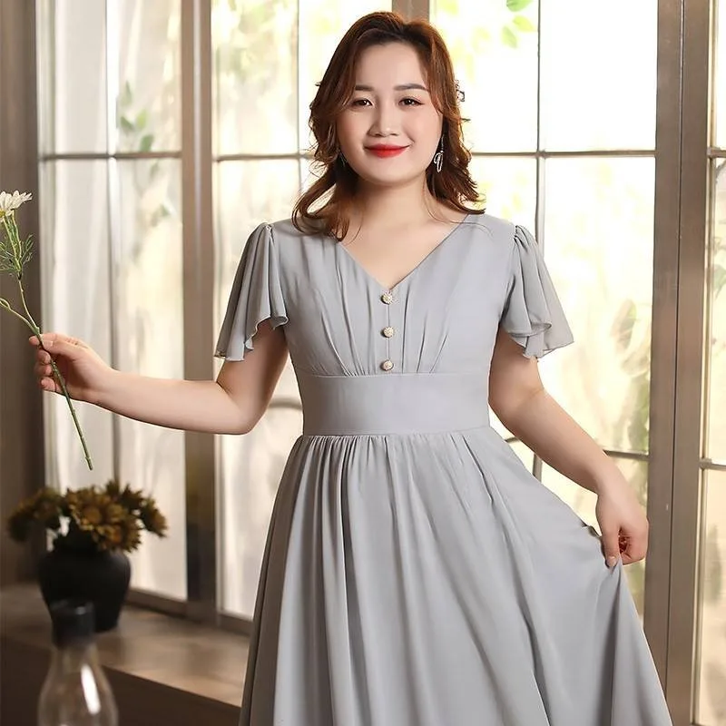 Fat Girl Large Size Grey Bridesmaid Dress For Women New Slim Simple Generous Sisters Pearl Single Breasted Decor Evening Dresses