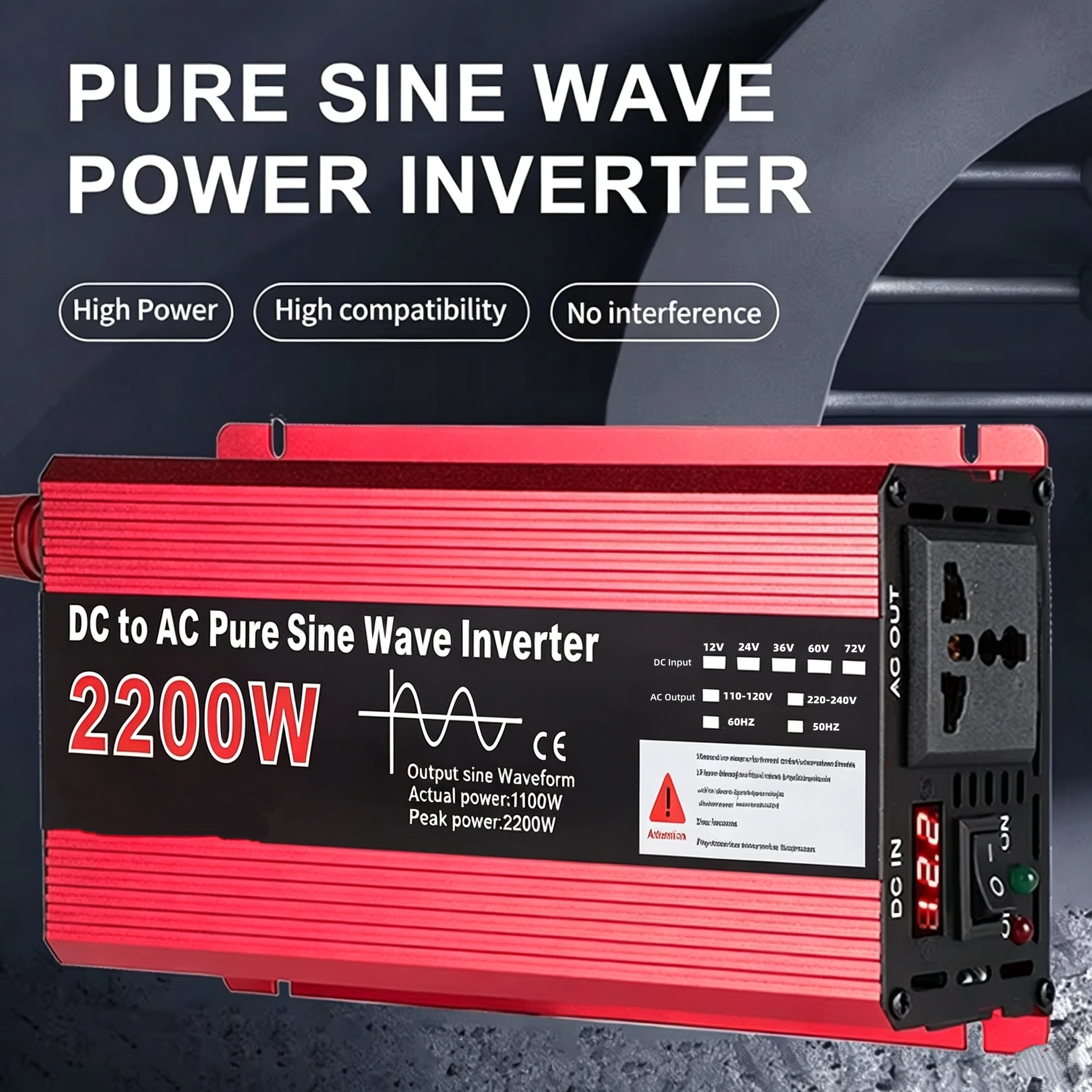 2200W 12V/24V Pure Sine Wave car Inverter DC 12V 24V To AC 220V-240V 50Hz Voltage Converters Support battery voltage conversion