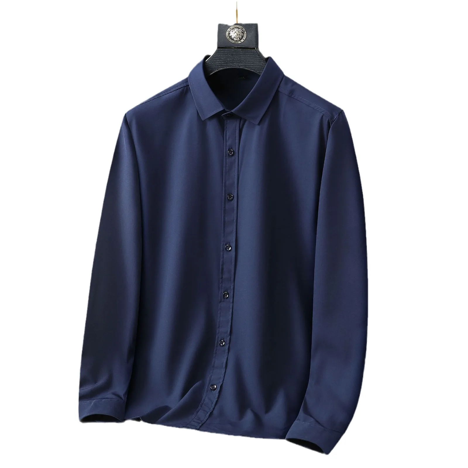 ヨーロッパのプラスサイズの男性用弾性シャツ、男性用無地長袖ルーズ四面弾性シャツ