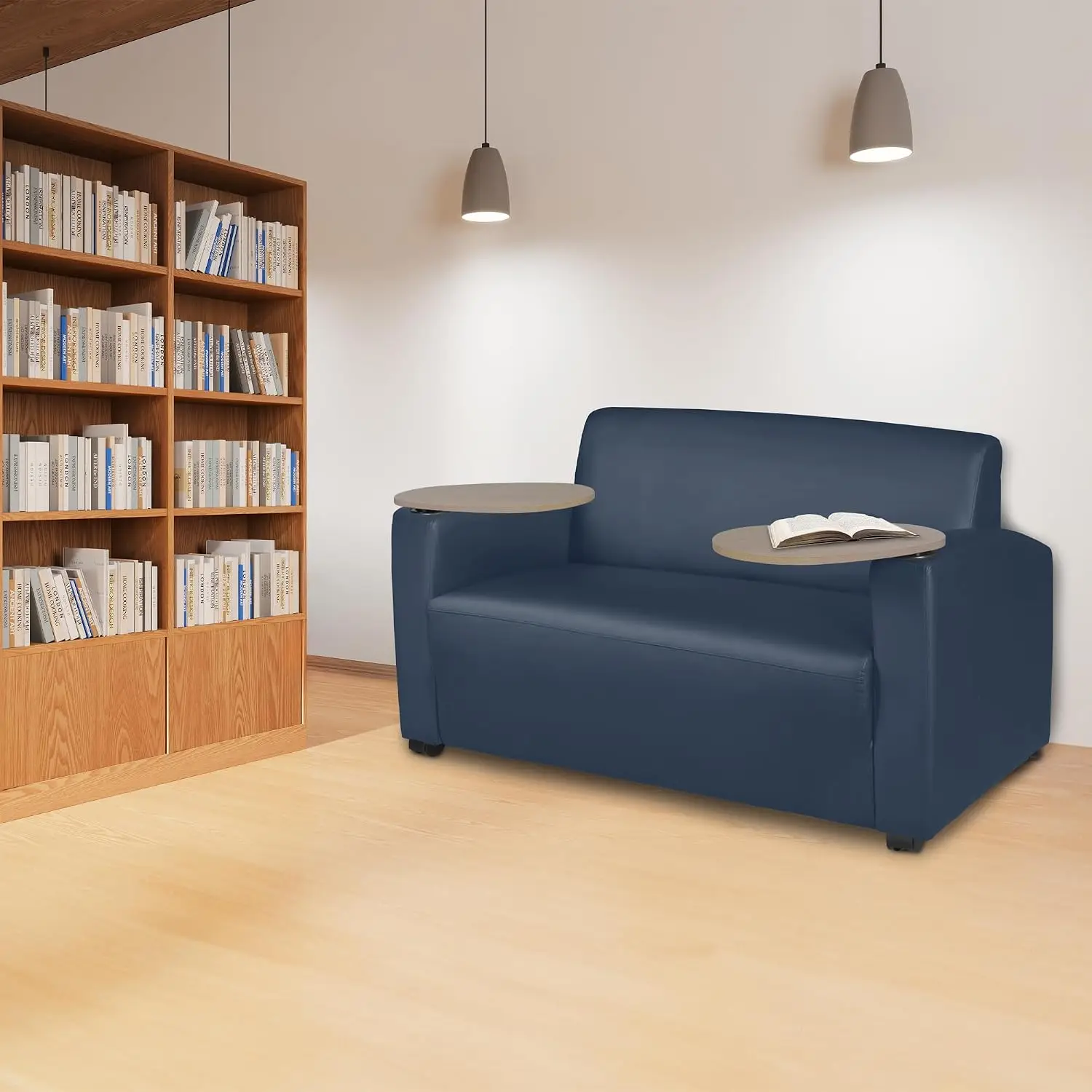 Loveseat Featuring 360-Degree Swiveling Tablet Arm, Oak Finish, Navy Blue Vinyl Upholstery, Office Home Lounge Seating