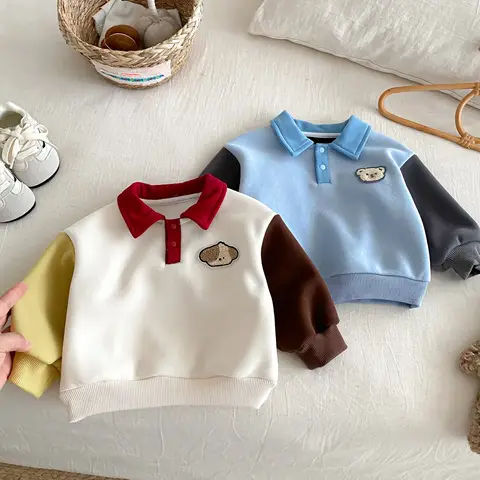 2025 New Winter Children Clothing Fleece Lined Boy Sweatshirts Color Blocking Polo Collar Pullover with Bear Dog Patch