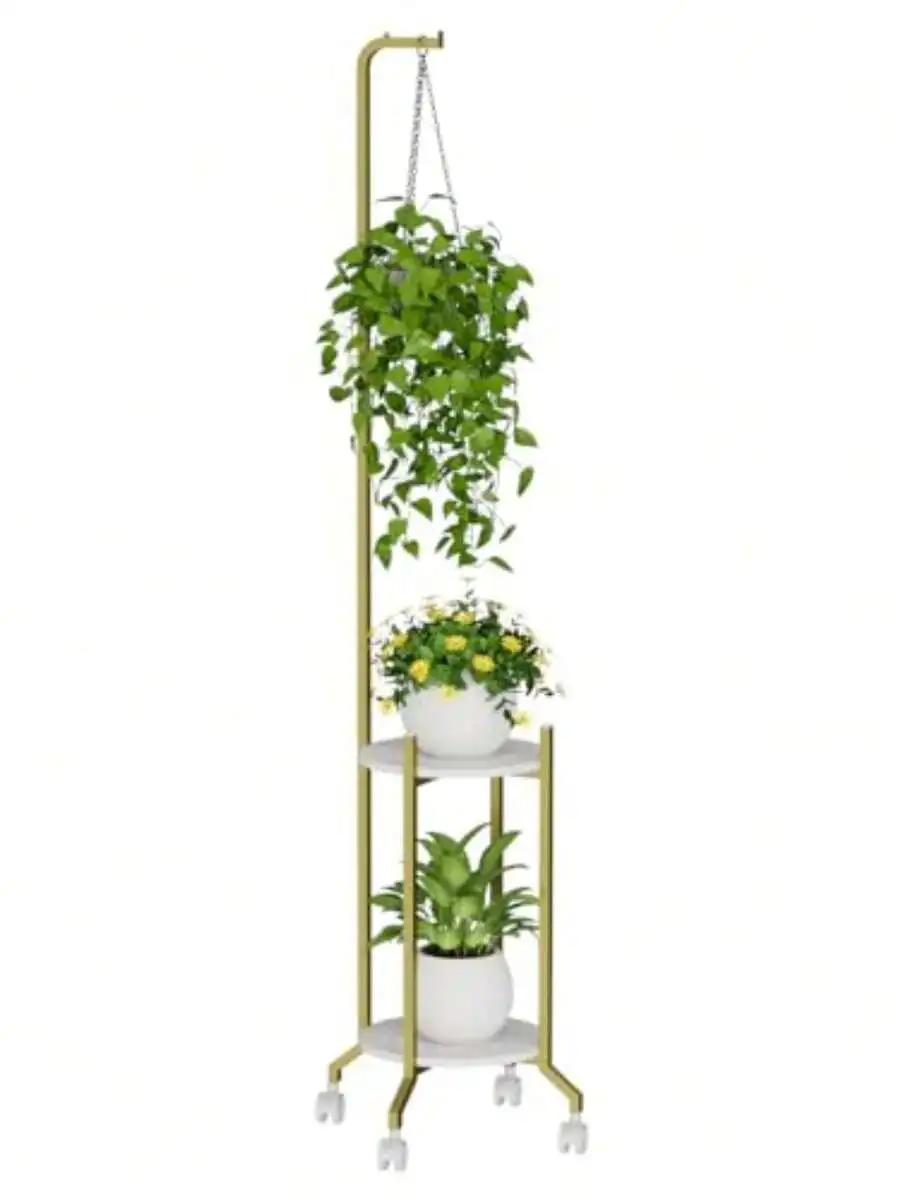 Plant Stand Indoor, 2 Tier Hanging Tall Plant Shelf With Wheels, 3 Potted Flower Stand Metal Plant Holder, Plant Shelves For Liv