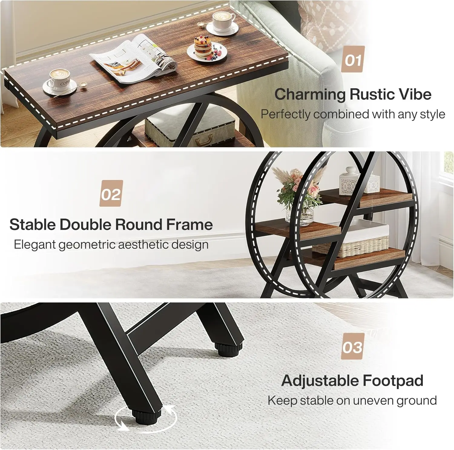 Tribesigns End Table Set Of 2, 3-Tier Narrow Sofa Side Table With Storage For Living Room, Wood End Table With Geometric Metal