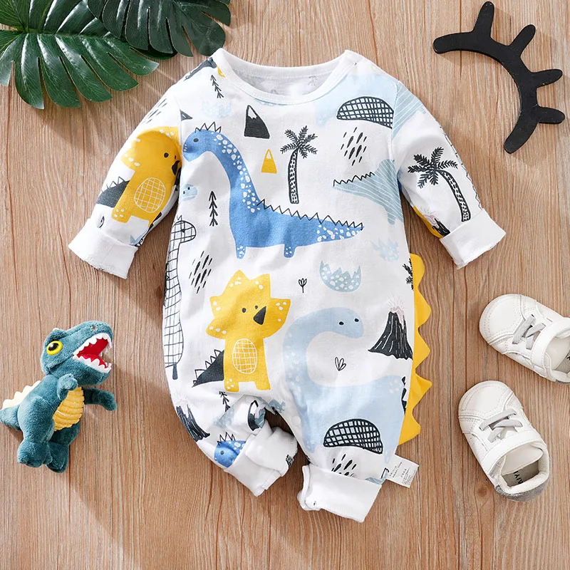 Baby Neutral Boys And Girls Newborn And Toddler Clothing Cute Cartoon Dinosaur Print Long Sleeved Spring And Autumn Jumpsuit