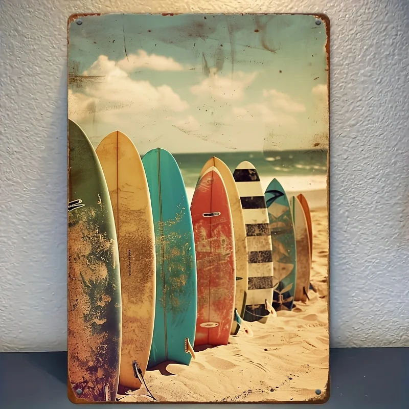 A Decorative Plaque Featuring Retro-Style  Metal And Iron Wall Art Logo with Surfboard Pattern, Measuring for Use