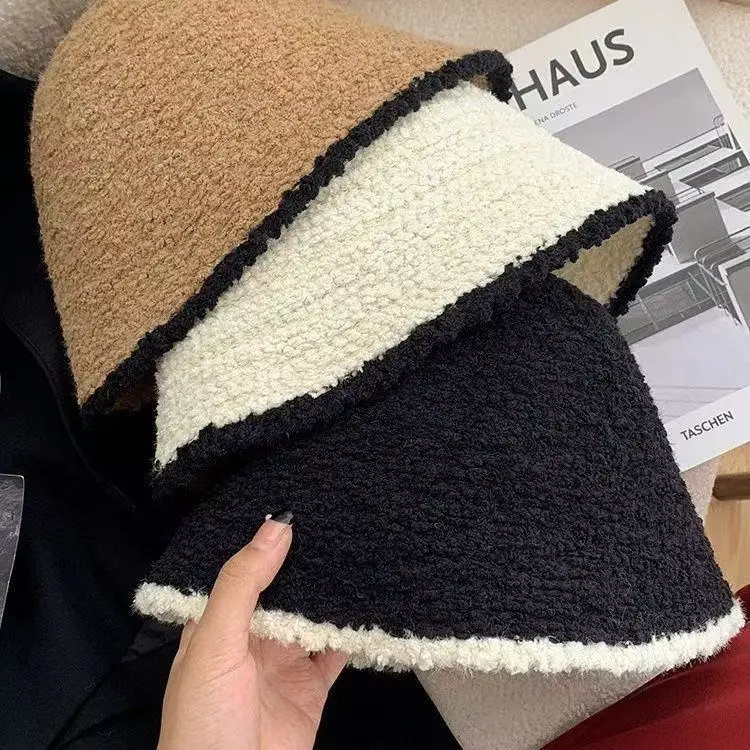 Topi Wanita Musim Gugur dan Musim Dingin, Topi Bucket Lingkar Kepala Besar, Gaya Jepang, Topi Rajut Hitam Berbulu, Topi Nelayan Sederhana