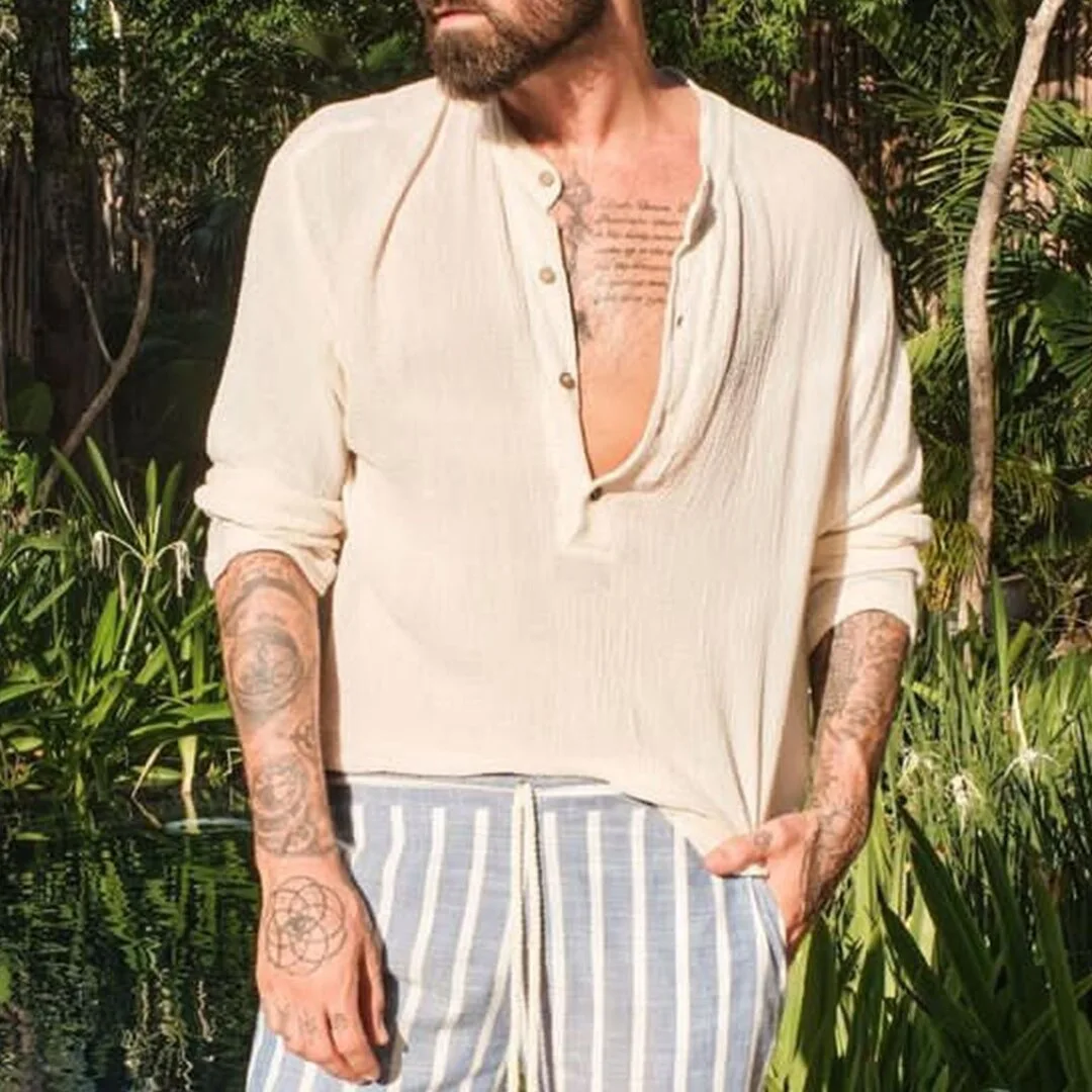 

Autumn Cotton And Linen Men's Loose Casual Half-open Tube Stand-up Collar Shirt Long-sleeved Breathable Shirt Casual