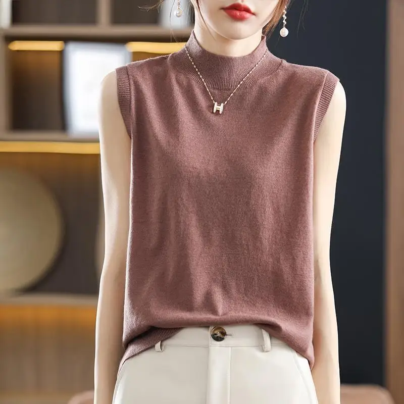 Spring and Autumn Women's 2024 New Spliced Sweater Pullover Half High Neck Fashion Solid Color Knitted Sleeveless T-shirt Tops