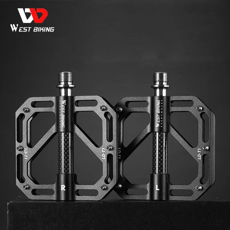 WEST BIKING Ultralight MTB Pedals 3 Bearings Bicycle Titanium Alloy Axle Flat Pedals Carbon Fiber Sleeve Road Bike Pedals LD-T1