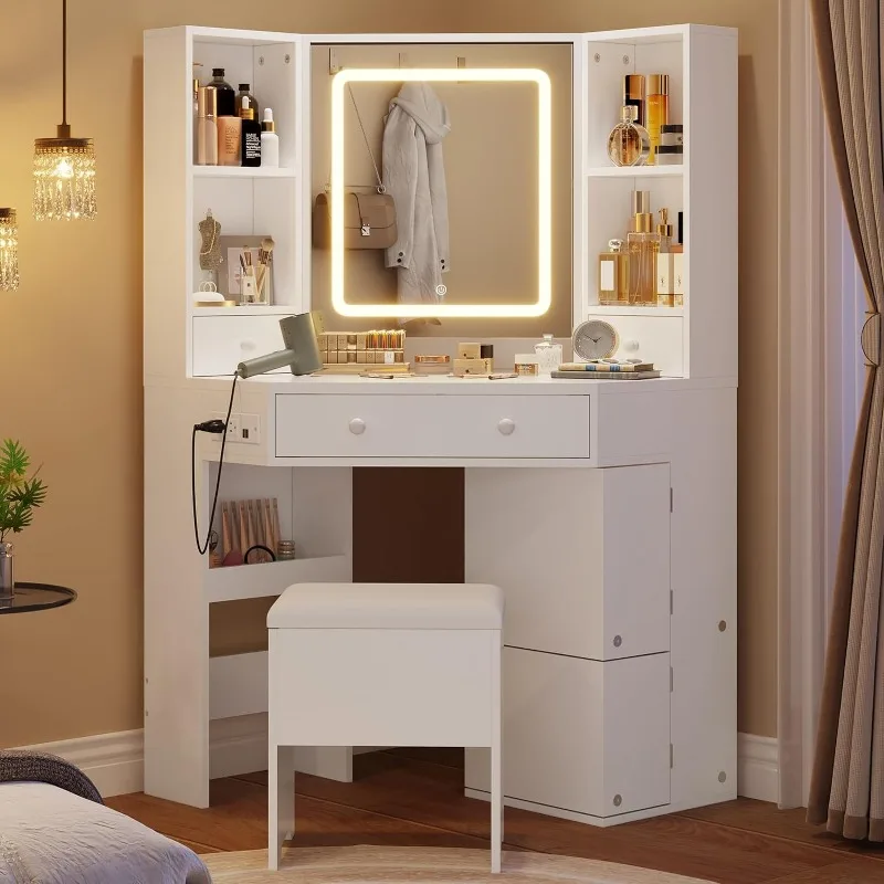 Corner Vanity Desk, Makeup Vanity with Mirror , Vanity Table with Rotating Shelves, Charging Station, Drawers ,dressing table