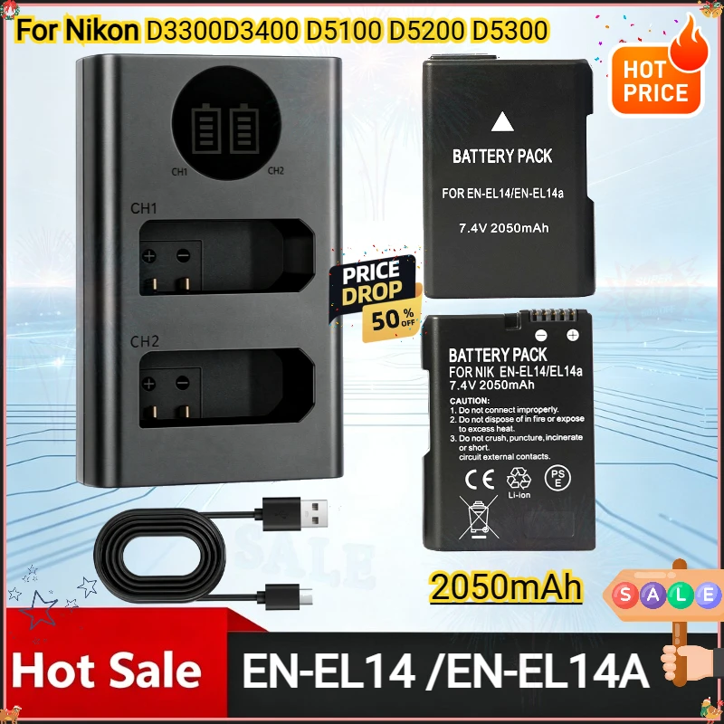 2050mAh EN-EL14 EN-EL14a EL14 Camera Battery for Nikon D3300 D3400 D3500 D5600 D5100 D5300 P7100 P7700 P7800 D3100 D3200