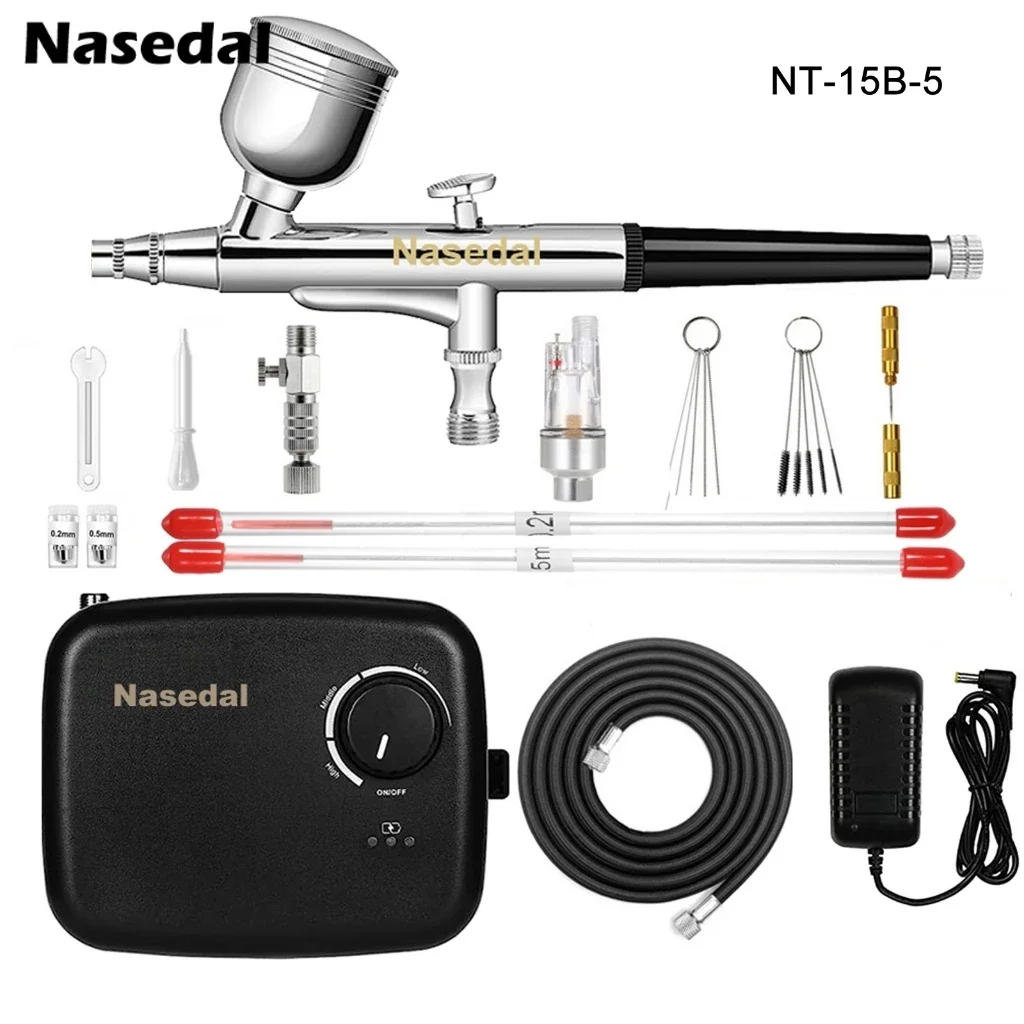 Nasedal Airbrush Compressor kit Battery Powered Rechargeable Auto Stop Pump for Model Painting Craft Nails Cake Decorating NT-15