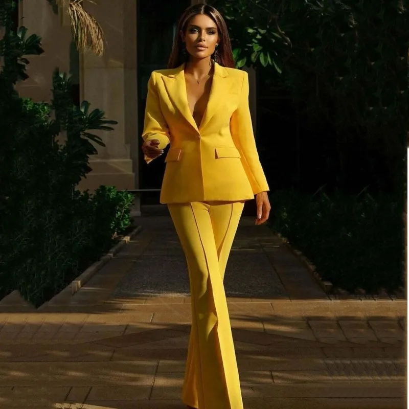 Women's Suit 2 -piece Set Solid Color Casual One Button Handsome Refutation Self -slimchic and Elegant Woman Pants Set V -neck