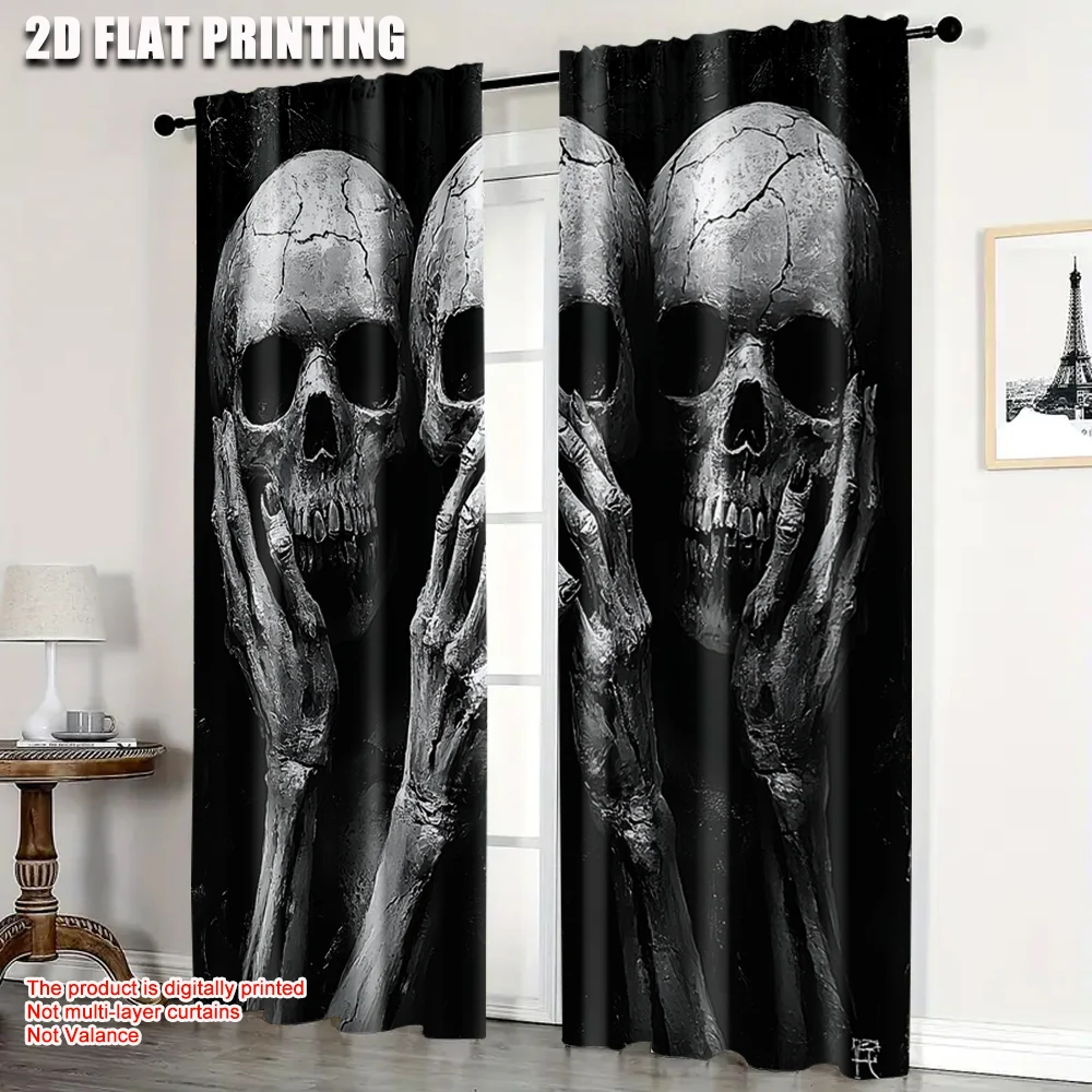2pcs, Curtains Roller Blinds 2D print Black Skull Print 100% Polyester (without rod) Stuff Clearance Use for Bedroom,