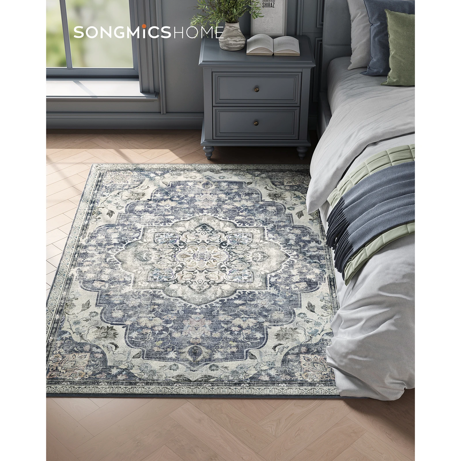 SONGMICS HOME Area Rug, 120x170cm, Non-Slip Vintage Style Carpet, Machine Washable, Bedroom/Living Room/Kitchen, Dove Grey