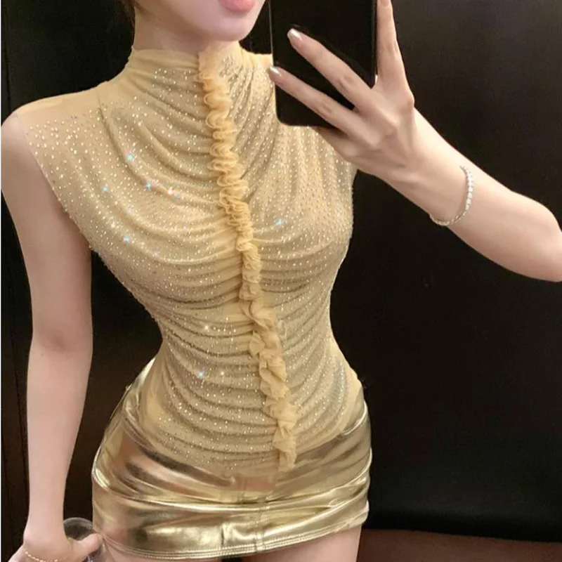 Spring Summer Sexy Screw Thread Solid Color Turtleneck Sleeveless T-Shirts Ladies Fashionable Diamonds Ruffles Slim Top Tee