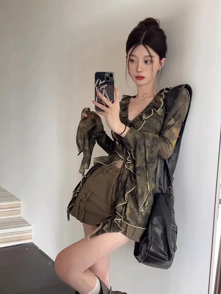 フリル V ネックフレアスリーブ女性シャツスリムヴィンテージ原宿ブラウス Y2k 美的タイダイグランジエレガント Blusas Mujer デモーダ