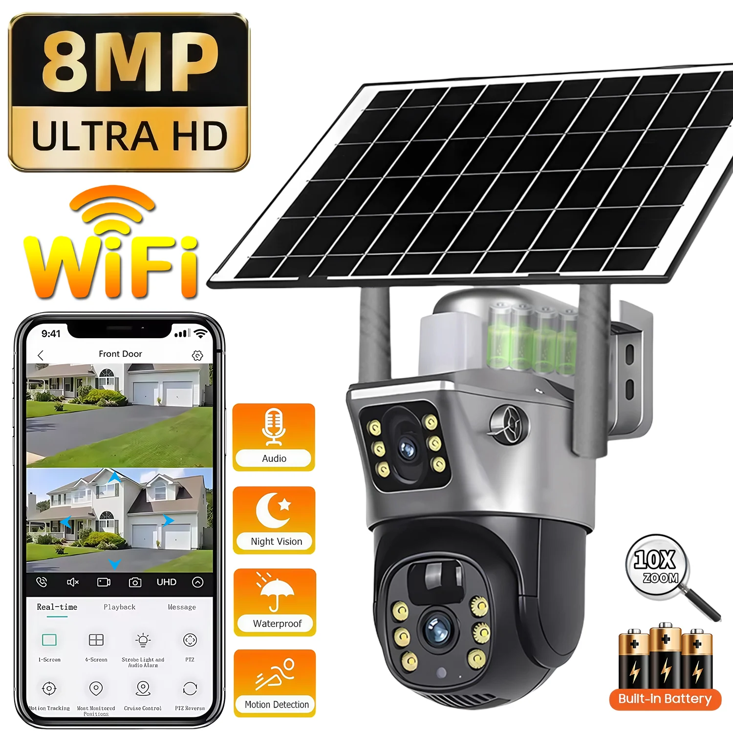 Telecamera WIFI solare HD da 8 MP CCTV Monitor di protezione di sicurezza a doppia lente Rilevamento umano Telecamere PTZ V380 per esterni impermeabili a bassa potenza