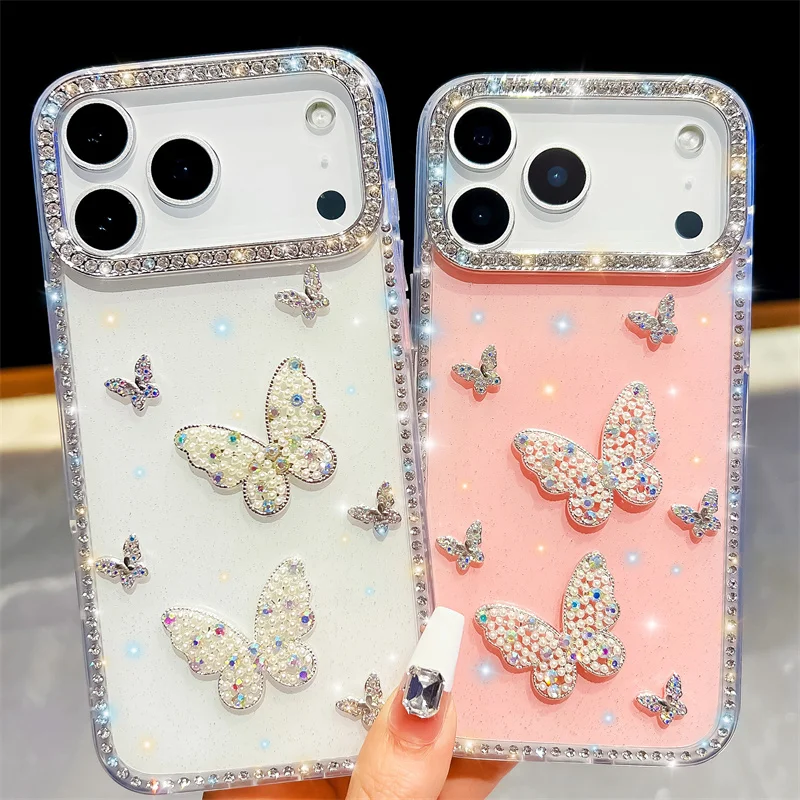 

Diamond frame Glitter transparency Phone Case For iphone 17Air 16Plus 15 14 13 pro max 16e 16promax Pearl Butterfly Cute pattern