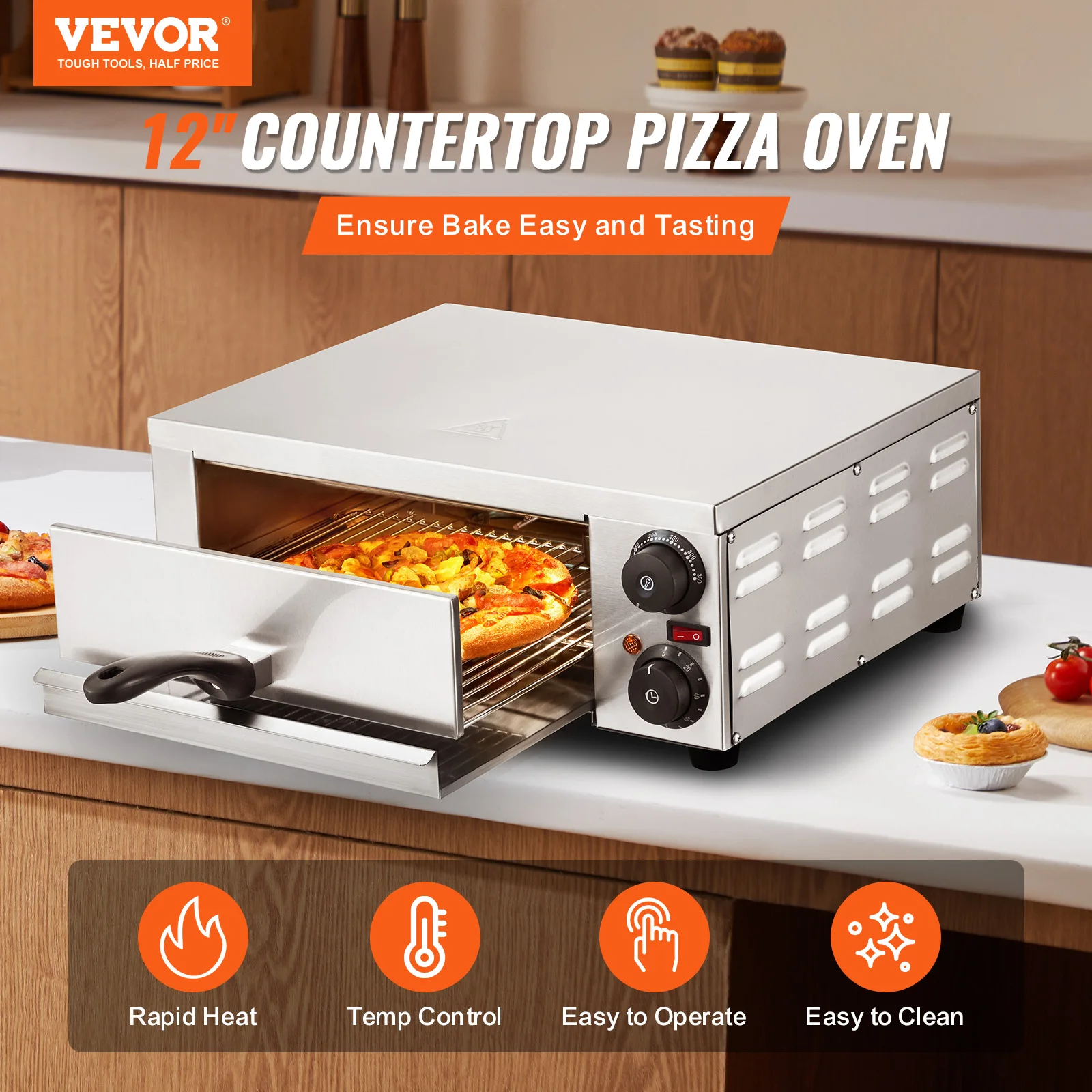 VEVOR Electric Pizza Oven, 12-inch, 1500W, with Temp Control & 0-120 Min Timer, Even Baking Technology & Easy Clean Crumb Tray