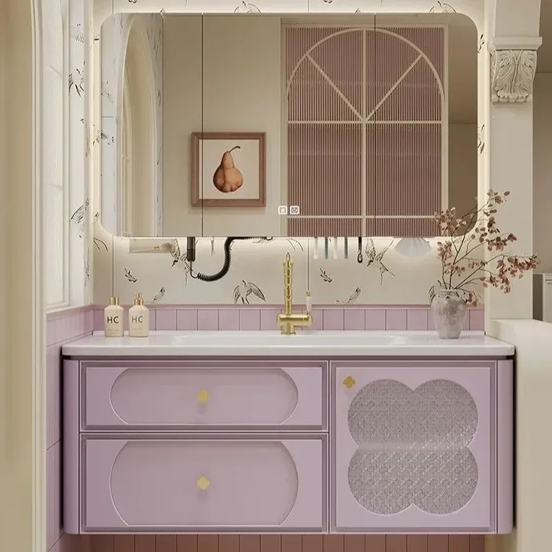 French Oak Bathroom Cabinet with Integrated Ceramic Wash Basin and Smart Toilet Simple Modern Design for Home Use