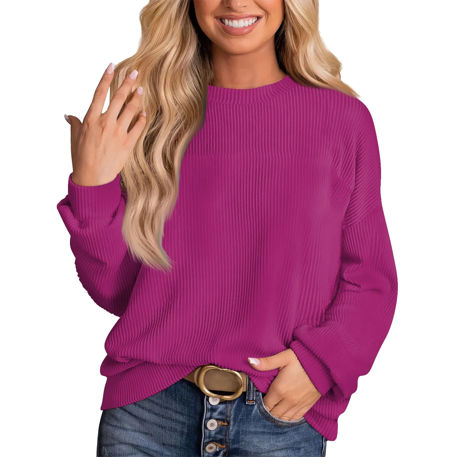 Ladies' Fashion Solid Color Thread Long Sleeve Loose Round Neck Pullover Top футболки женские Camisetas Mujer Verano 2024