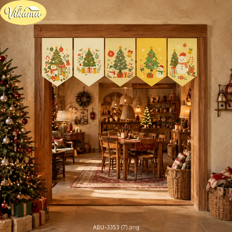 VIKAMA Christmas Chinese Bamboo Mountain Pennant Banner Tree Snowman Gift Green Beige Door Hanging Bedroom Living Room Dorm Home