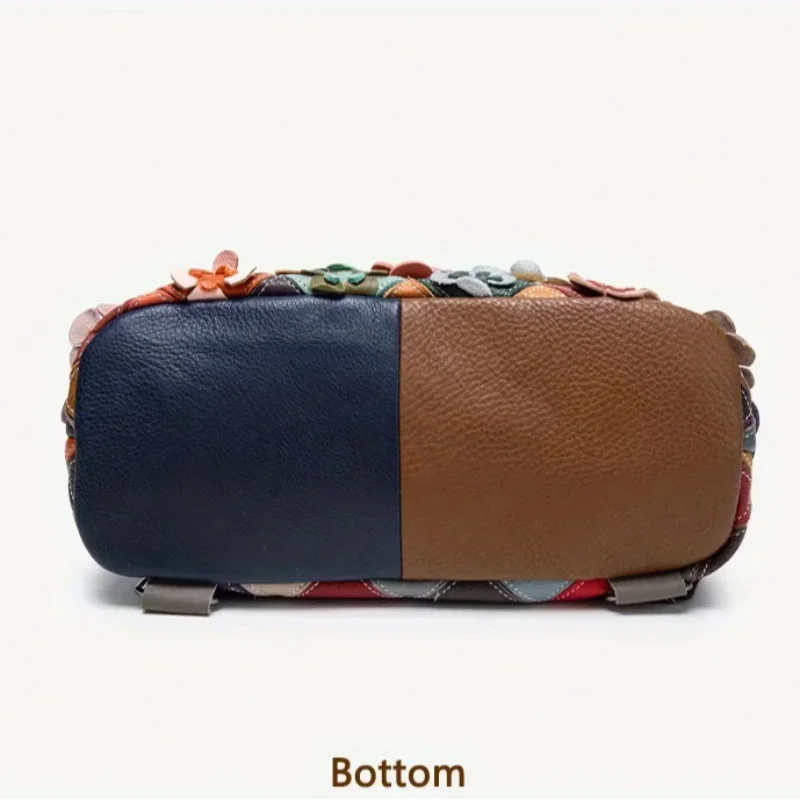 ​ ​ Plecak w stylu boho z kwiatowym patchworkiem - Plecak dzienny w stylu vintage z prawdziwej skóry z wytłoczonymi kwiatami 3D, romantyczny plecak, patchwork retro
