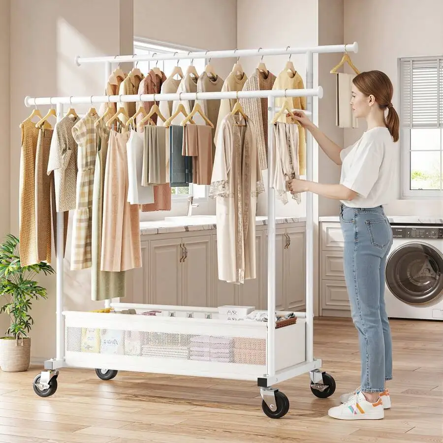 Heavy Duty Rolling Clothes Rack With Double Rods And Storage Basket - Perfect For Bedroom Laundry Room Or Apartment, White