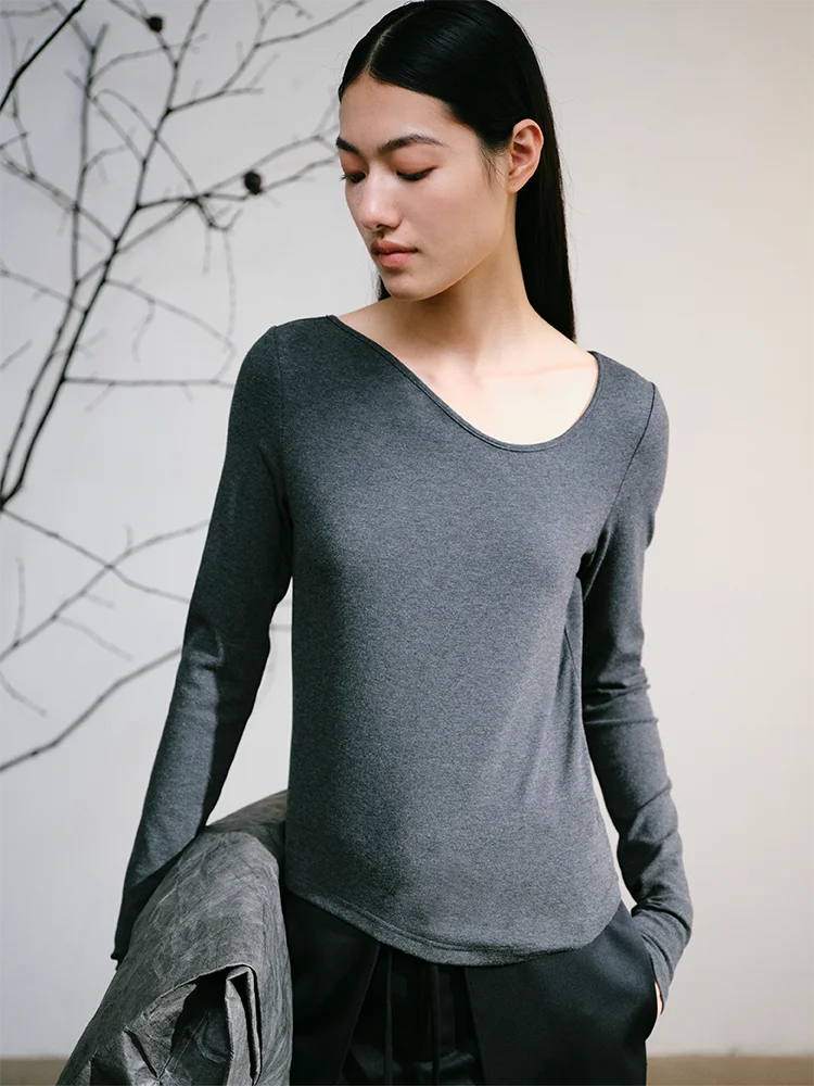 

LIHAN Initial Snow Асимметричная женская футболка Long Sve Base irt с воротником-холотом, облегающая внутренняя одежда, повседневная футболка из смеси волокна