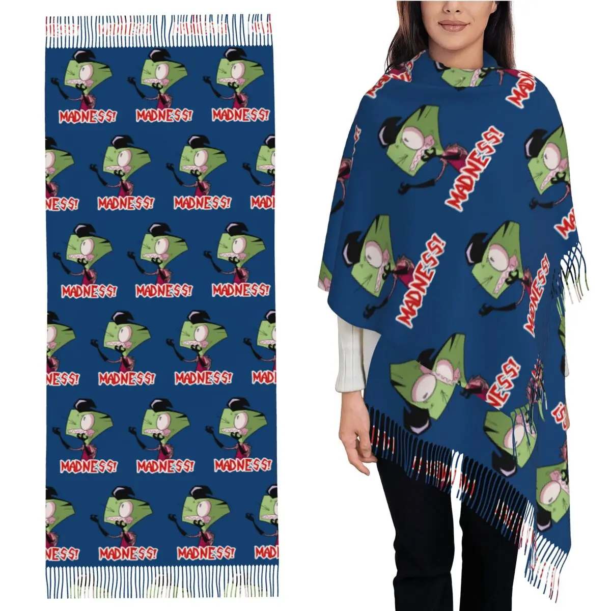

Invader Zim Madness! Шарф с кисточками, женские мягкие теплые шали и накидки, длинная осенне-зимняя шаль