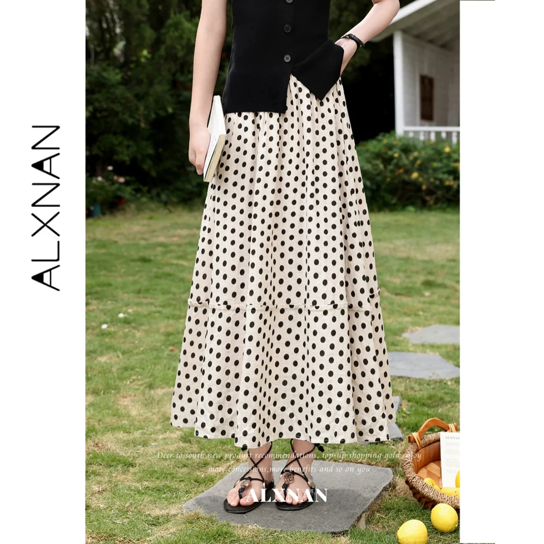 

ALXNAN Women's Polka Dot Skirt Summer Fashion Elegant Office A-line Long Skirts 2026 High Waist Pleated Midi Skirt Female L63733