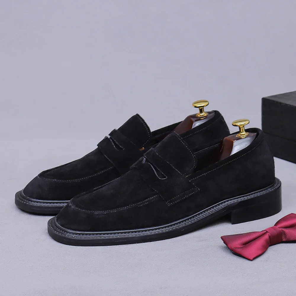 

Mens Suede Loafers Business Casual Slip On Shoes Genuine Leather Round Toe British Style Slip On Shoes For Men
