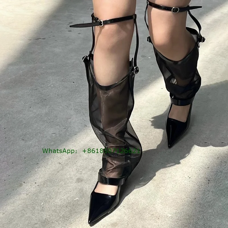 

Black Low Heel Pointed Toe Mesh Sleeve Pumps Patent Leather Knee High Heels Sexy Women Shoes