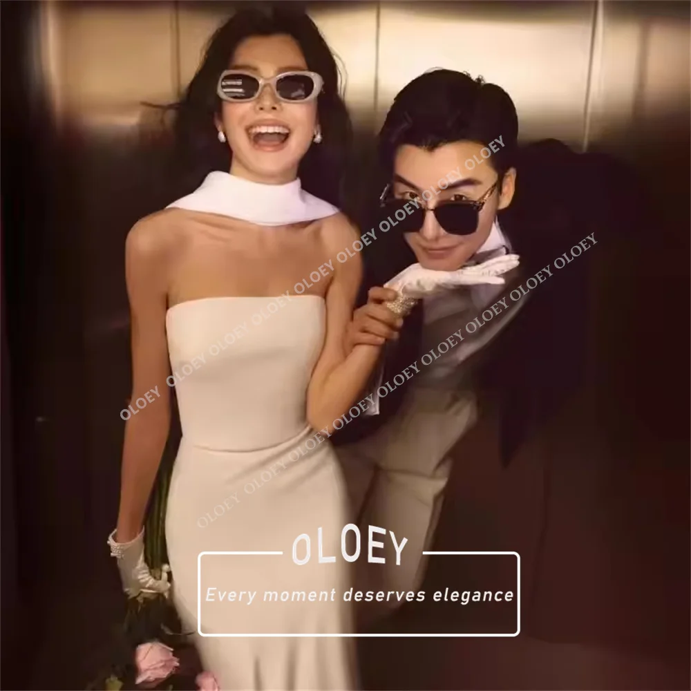 OLOEY Elegant Strapless Ivory Mermaid Wedding Dress Korea Photoshoot Sleeveless Bridal Gown With Scarf Customized Formal Gown