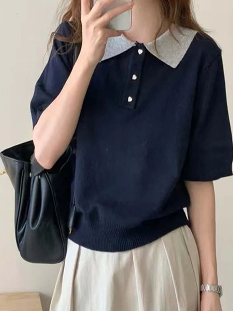 

Женский пуловер ort Sve, трикотажный воротник, открытый кардиган, Sli Heart Button, корейский Sle, летнее новое поступление