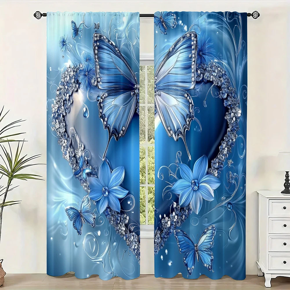 

2Pc Blue Heart Butterfly Curtain With Rod Hole Curtain Perfect For Bedroom Office Kitchen Living Room Study Home Decor_ai8