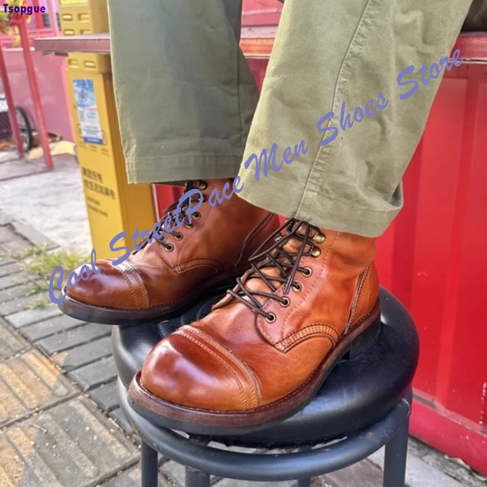 British style handmade retro ankle boots round toe distressed cool boy style Soes for Men Cross Tied Fashion Boots Flat with