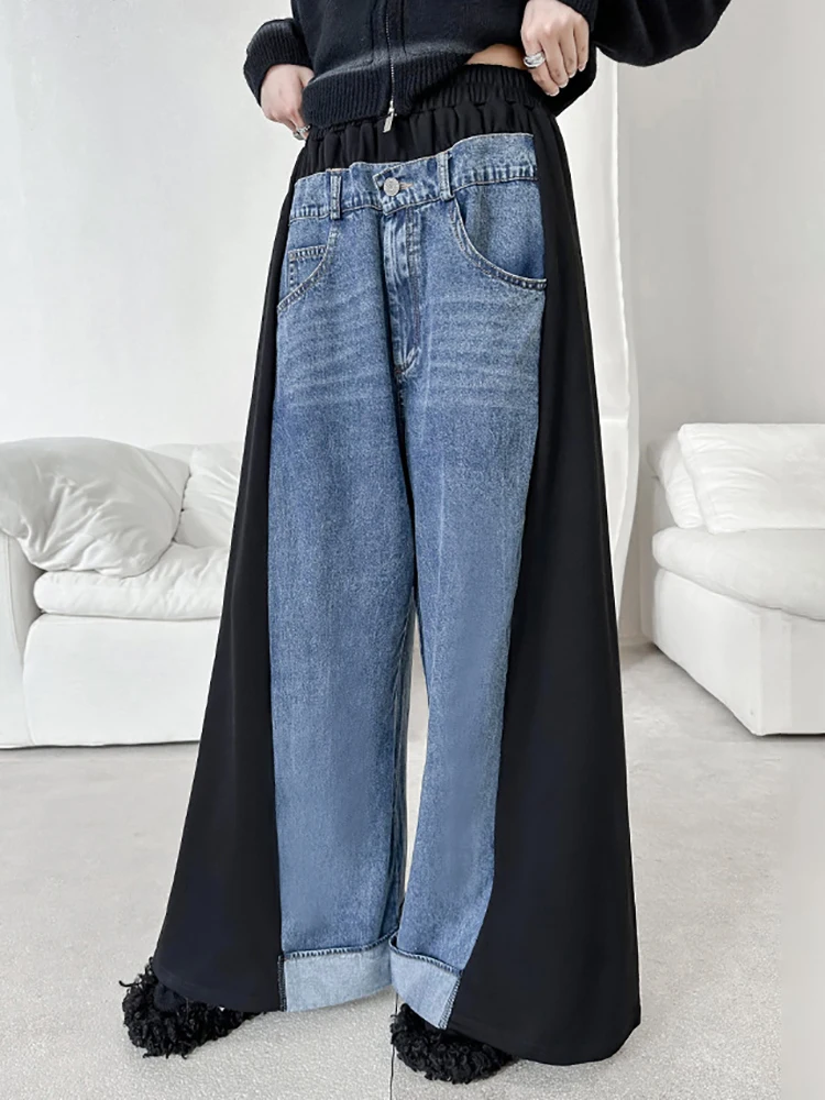 High Waist Color-block Wide Leg Black Denim Long Jeans New Loose Women Trousers Fashion Tide Spring Autumn