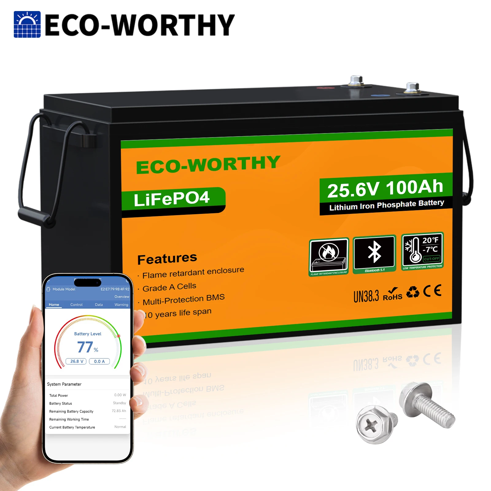 

ECO-WORTHY 24V 100AH LiFePO4 Lithium Battery, Deep Cycles Rechargeable Battery with Low-Tem Protection, Max. 2560W for Off-Grid