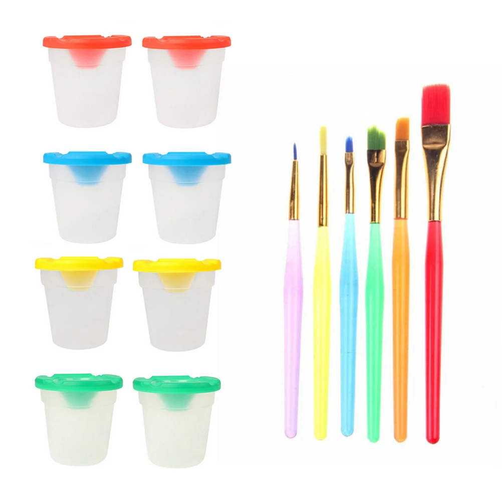 

8 Painting 4 Colored Lids Clear Painting Accessories Drawing Cups Leak Proof Brush Holder Wash Pen Set 6 Brushes Supplies