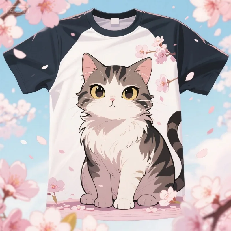 

New Kitten Pattern Printed T-shirt Summer Men's and Women's Breathable and Comfortable Parent-child Casual Sports T-shirt