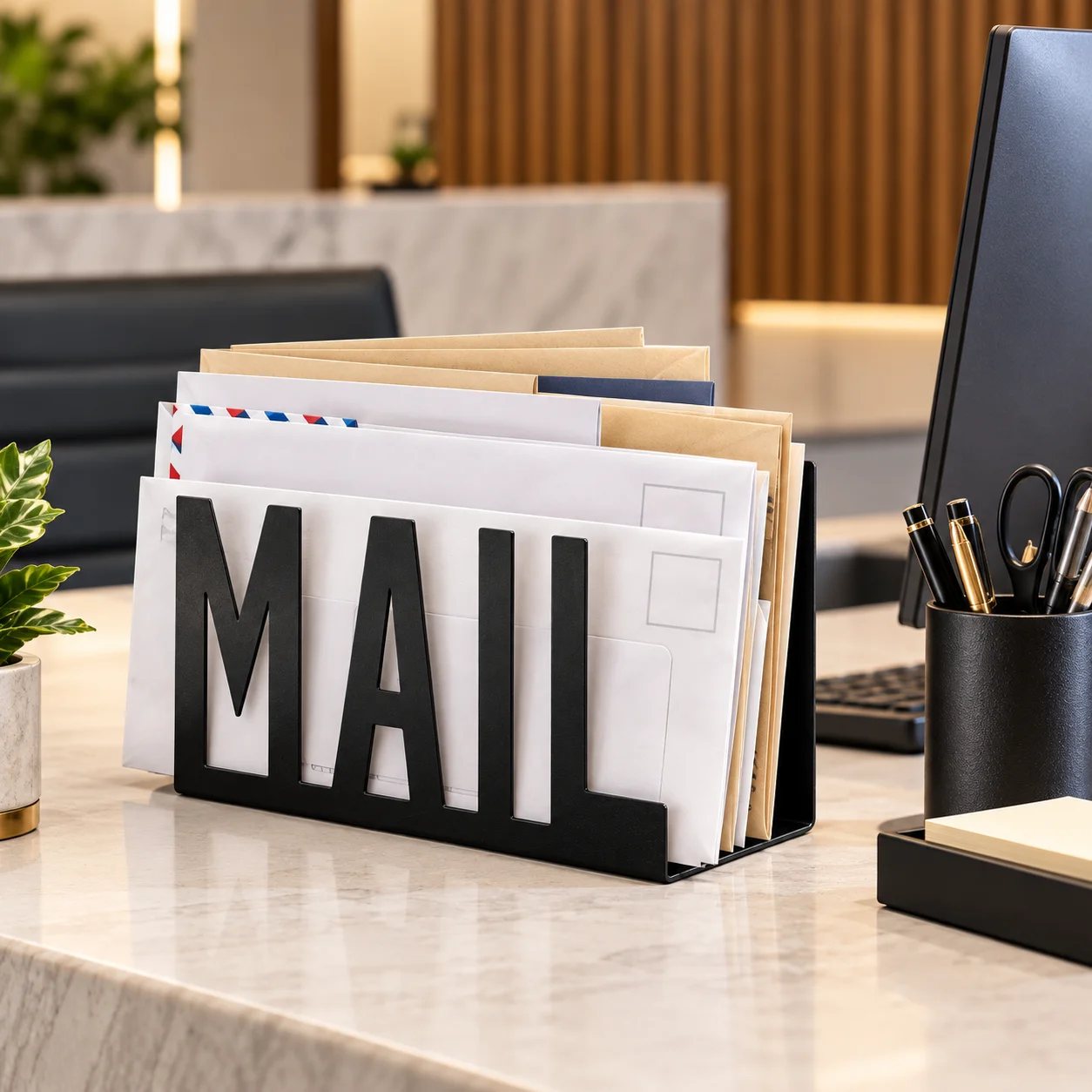 Black Iron Freestanding Mail Holder Desktop Organizer with MAIL Cutout,Letter Sorter Envelope Storage Rack for Bill File Archive Folder Paper,Compact Two-Sided Design for Home Office School Room Decor,Practical Housewarming Gift for Desk