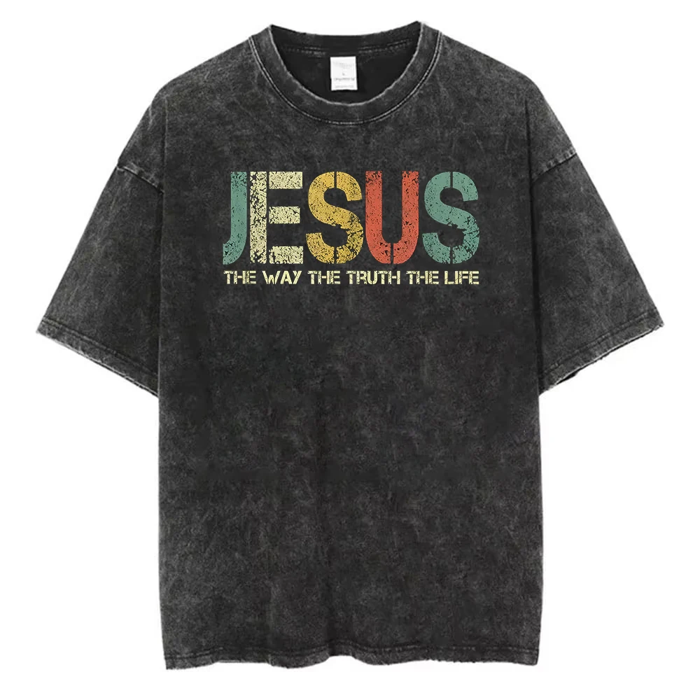 T-shirt homme en coton délavé avec motif « Jésus, le Chemin, la Vérité, la Vie », thème foi chrétienne, style rétro délavé à l'acide, streetwear, coupe ample