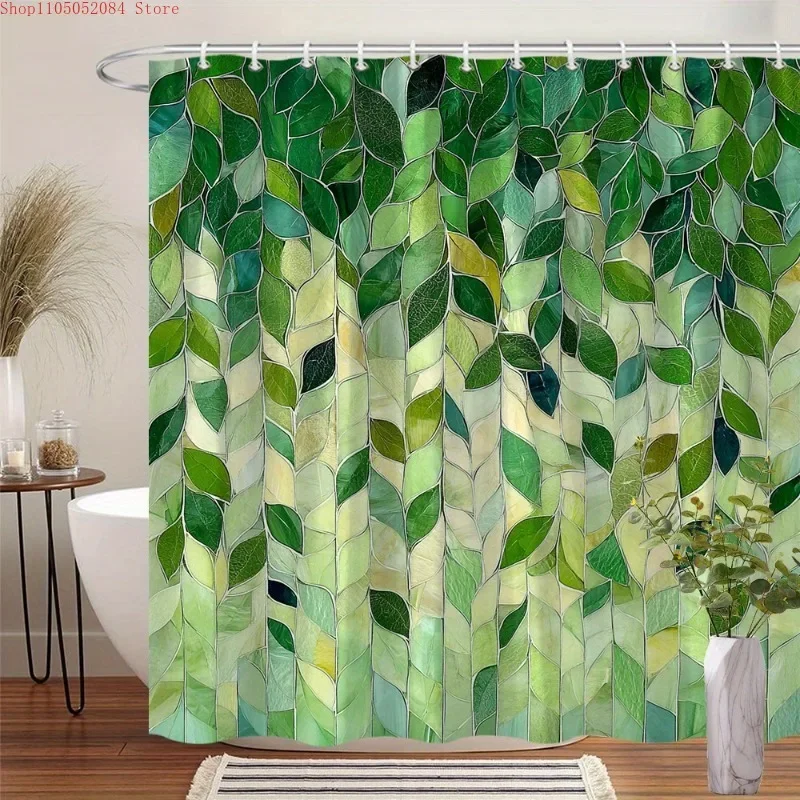 1pc abstract green leaves shower curtain vertical mosaic With Hooks Waterproof Mildew Proof Easy Install Washable