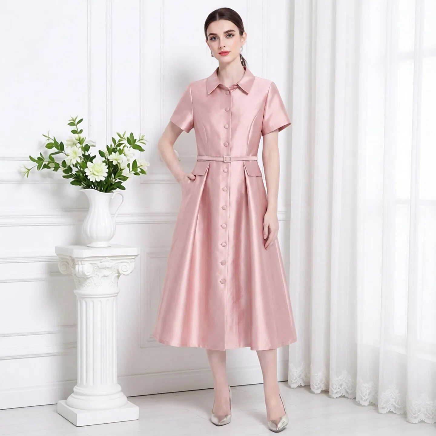 

Elegant Pink Satin Dress with Pleated Waist Short Sleeve Turn-down Collar A-line Midi Dress for Women Elegant City Commute