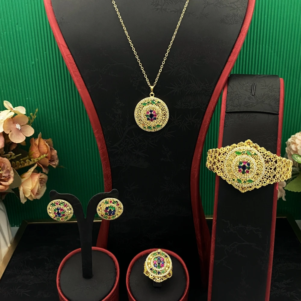 

JRH UAE Роскошный женский комплект ювелирных изделий, позолоченный медный браслет, кольцо, ожерелье, серьги, имитация циркония, подарок