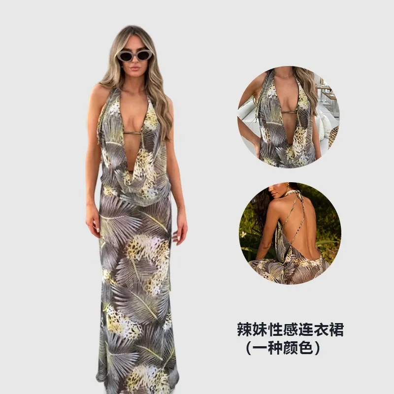 Vestido largo bohemio con estampado de playa para mujer, vestido largo elegante sin mangas con espalda descubierta y cuello en V, vestido largo bohemio para vacaciones y vacaciones