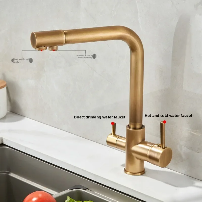 Brass Three-in-One Hot/Cold Water Faucet with Water Purifier Dual-Use Sink Kitchen Faucet for Direct Drinking Water