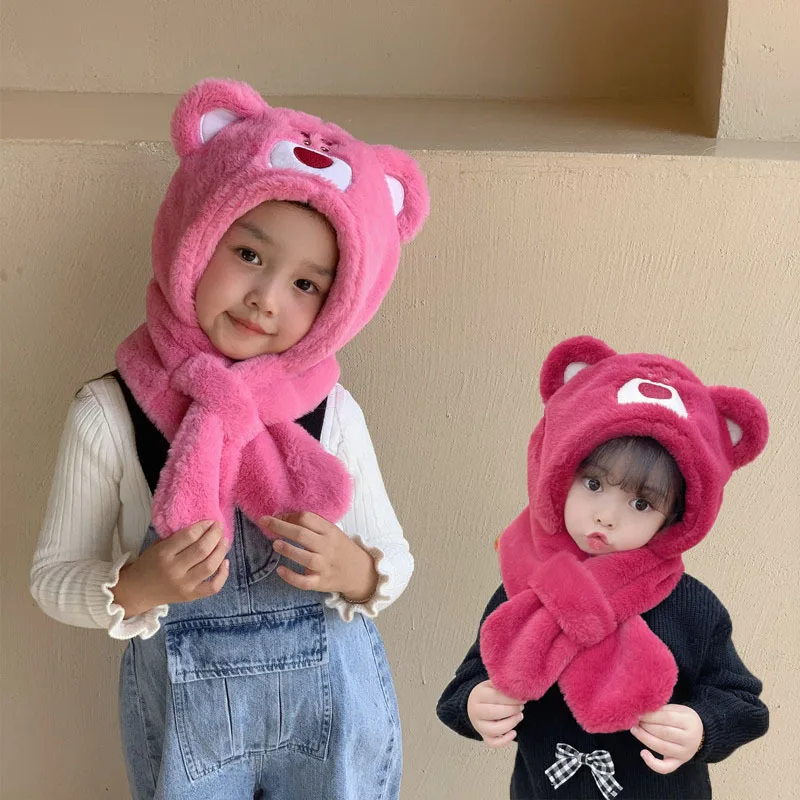 Cute Children's Lotso Bear Scarf Hat Integrated Winter Warmth Thickened Plush Cartoon Windproof Neckband for Boys and Girls